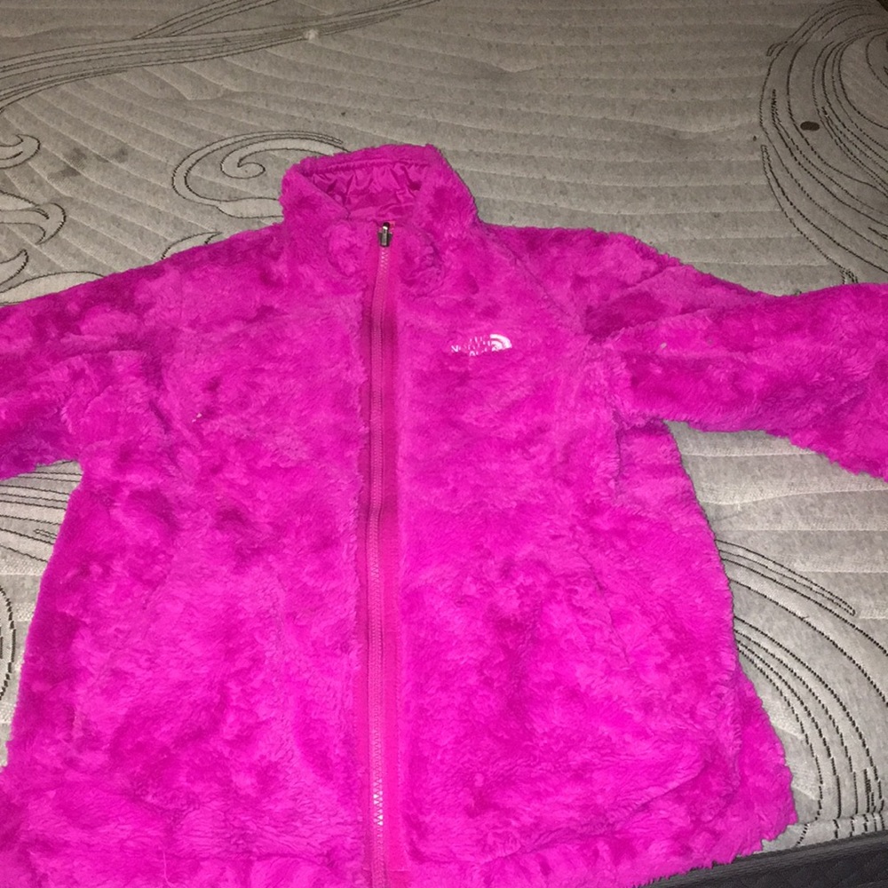 Pink north face coat reversible fur